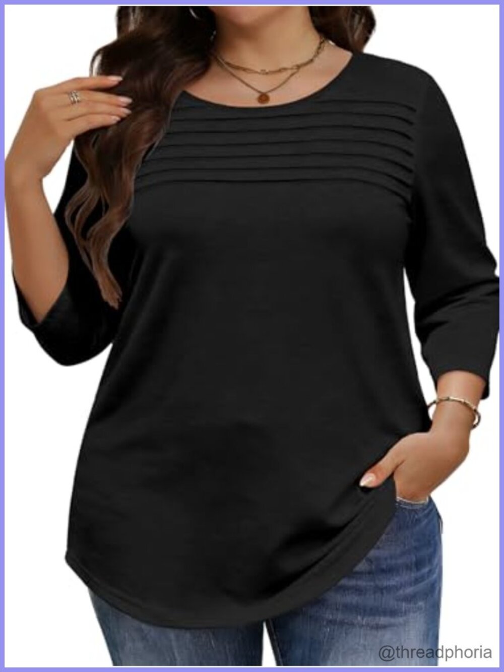 Plus Size Womens Tunic Top 3/4 Sleeve Pleated Blouse Casual